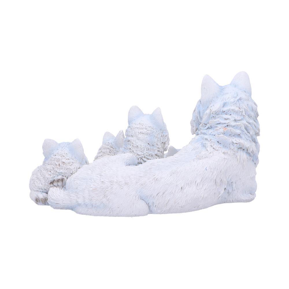 Four white wolf figures, including a larger one and three pups, are lying down closely together. They have textured fur, creating a sense of warmth and protection on a plain background.