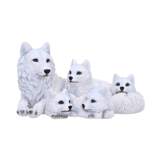 A family of white wolf figurines rests closely together, with detailed fur texture, all facing forward. The background is plain, emphasizing the wolves' serene expressions and unity.
