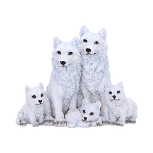 Five white wolf figurines sit together; two larger ones stand behind, while three smaller ones rest in front. They have detailed features, creating a harmonious, family-like grouping on a plain background.