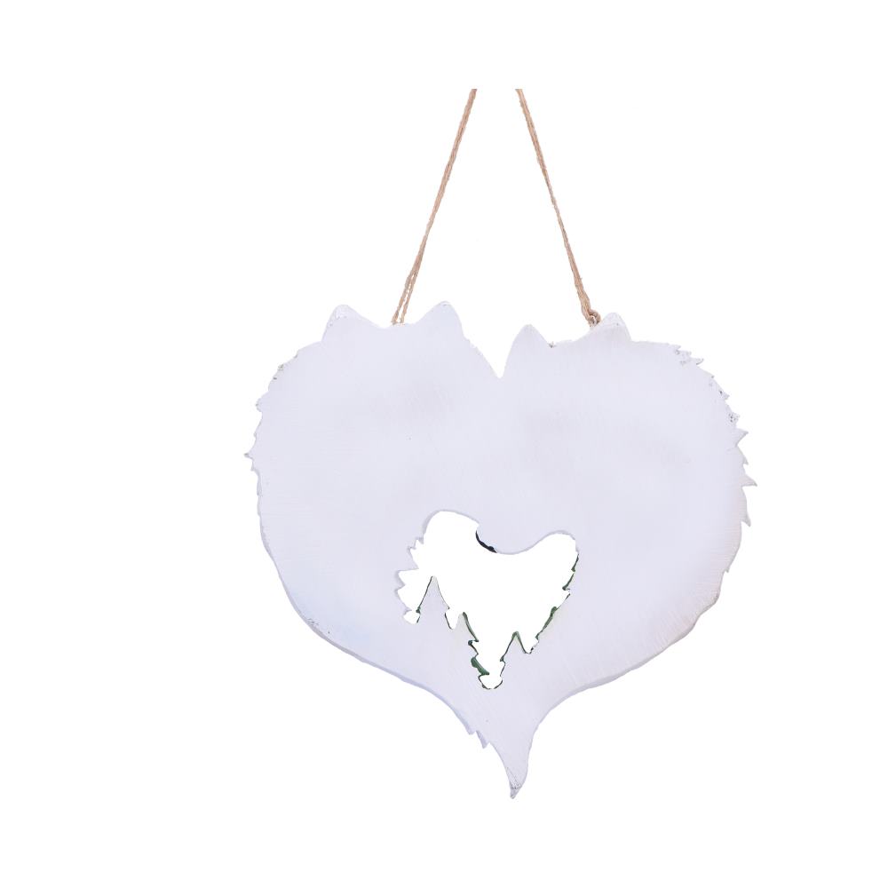 Heart-shaped wooden ornament hangs by a twine loop, painted white with a central fluffy dog-shaped cutout, placed against a plain white background.
