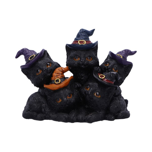 Statue of six black cats wearing colorful witch hats, sitting closely together. The background is plain white, emphasizing the cats' playful expressions and Halloween-themed attire.