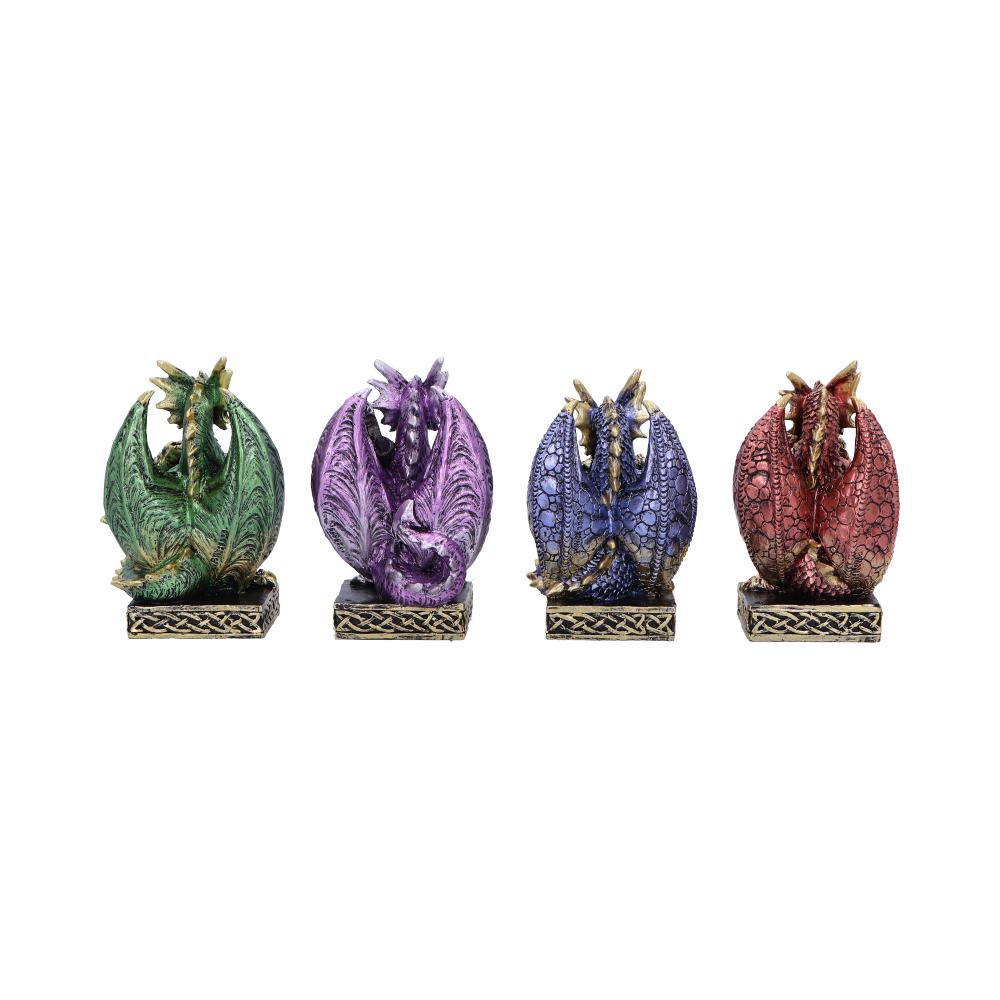 Four colorful dragon figurines sit on ornate bases, each a different color: green, purple, blue, and red, displayed against a plain white background.