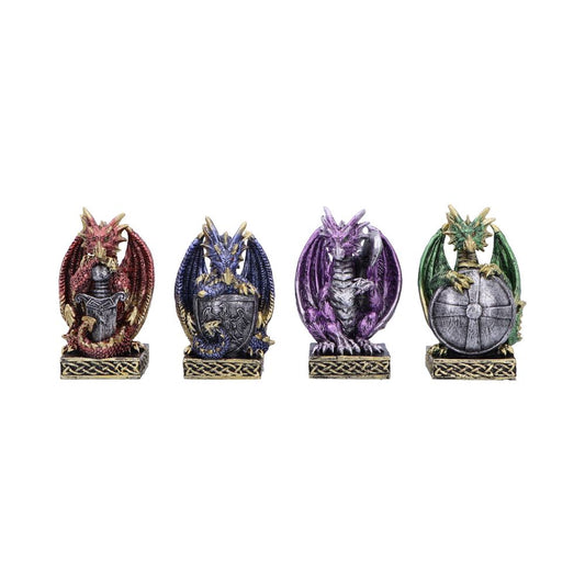 Four dragon figurines sit on ornate bases, each with a distinct color: red, blue, purple, and green. They hold shields and have intricate detailing, displayed against a plain background.