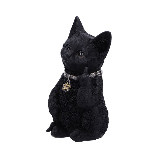 A black cat figurine sits upright, raising one paw with an extended middle finger, wearing a collar with a pentagram pendant. The background is plain white.