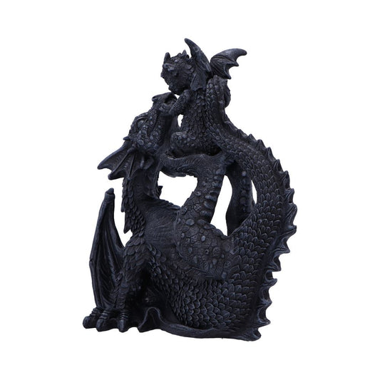 A black, intricately detailed dragon statue is perched, intertwining its tail and wings, showcasing textured scales and a fierce expression, set against a plain, white background.
