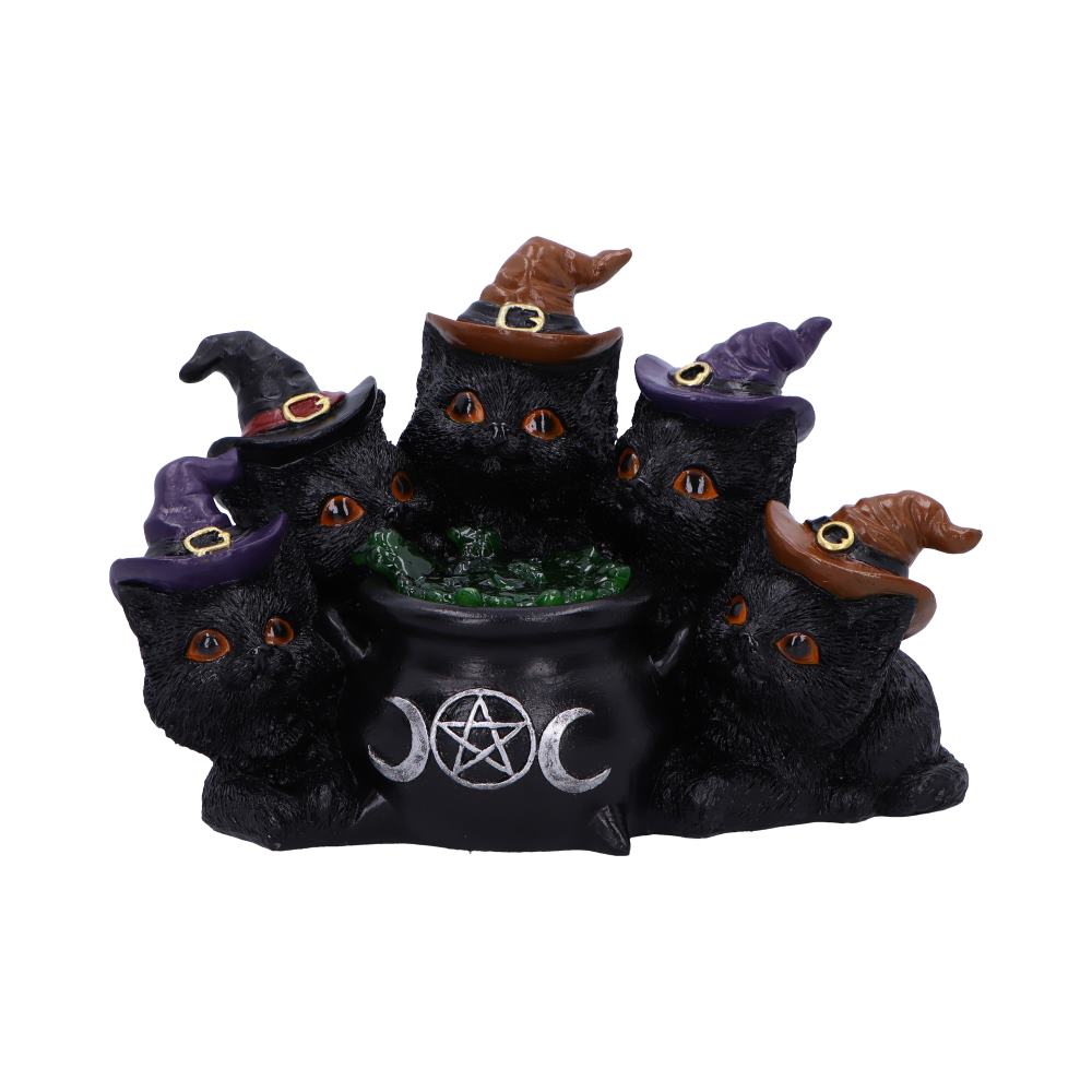 Five black cat figurines wearing witch hats surround a bubbling cauldron with a pentagram and crescent moon symbols. The setting is mystical and whimsical.