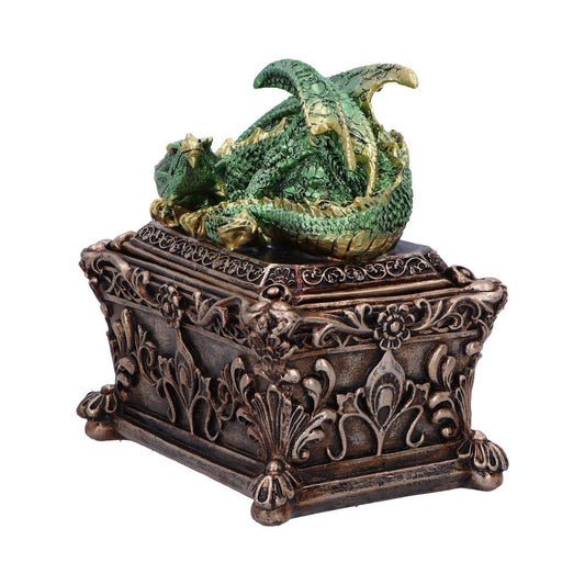 A small green dragon curls atop an intricately decorated bronze box with floral patterns, resting in an undefined space.