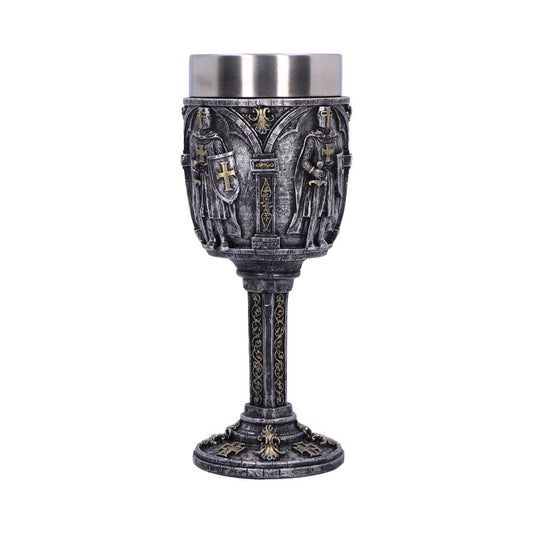 A decorative goblet featuring medieval knight engravings stands on an ornate pedestal with intricate patterns, set against a plain white background.