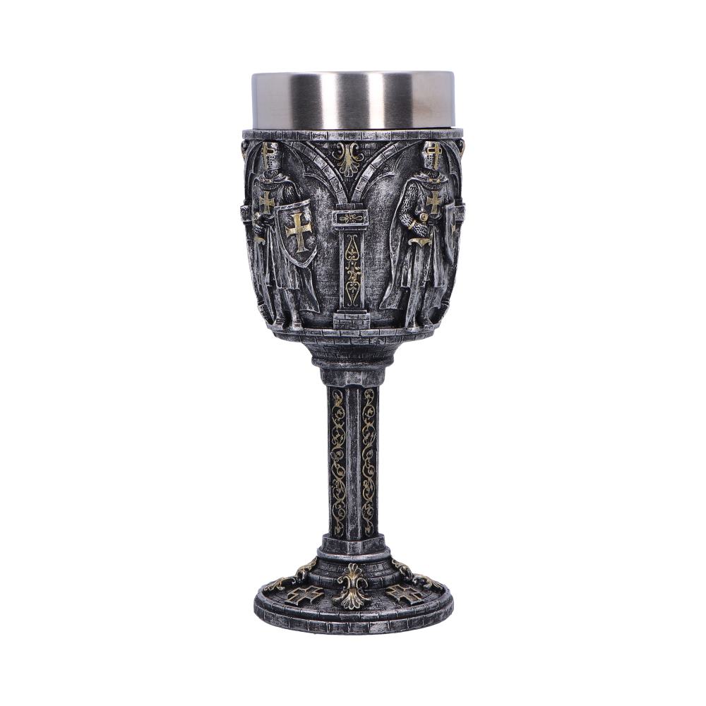 Goblet featuring medieval knight figures and intricate gold designs, standing upright. The pewter-colored cup is elevated by an ornate stem, set against a white background.