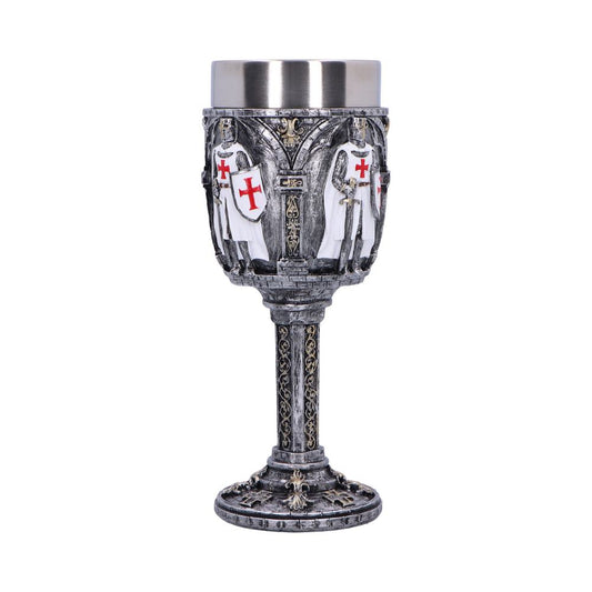 A medieval-style goblet features knight figures with red crosses on their shields, standing under arches. The base and stem are intricately detailed with ornate patterns, and the metal rim tops it.