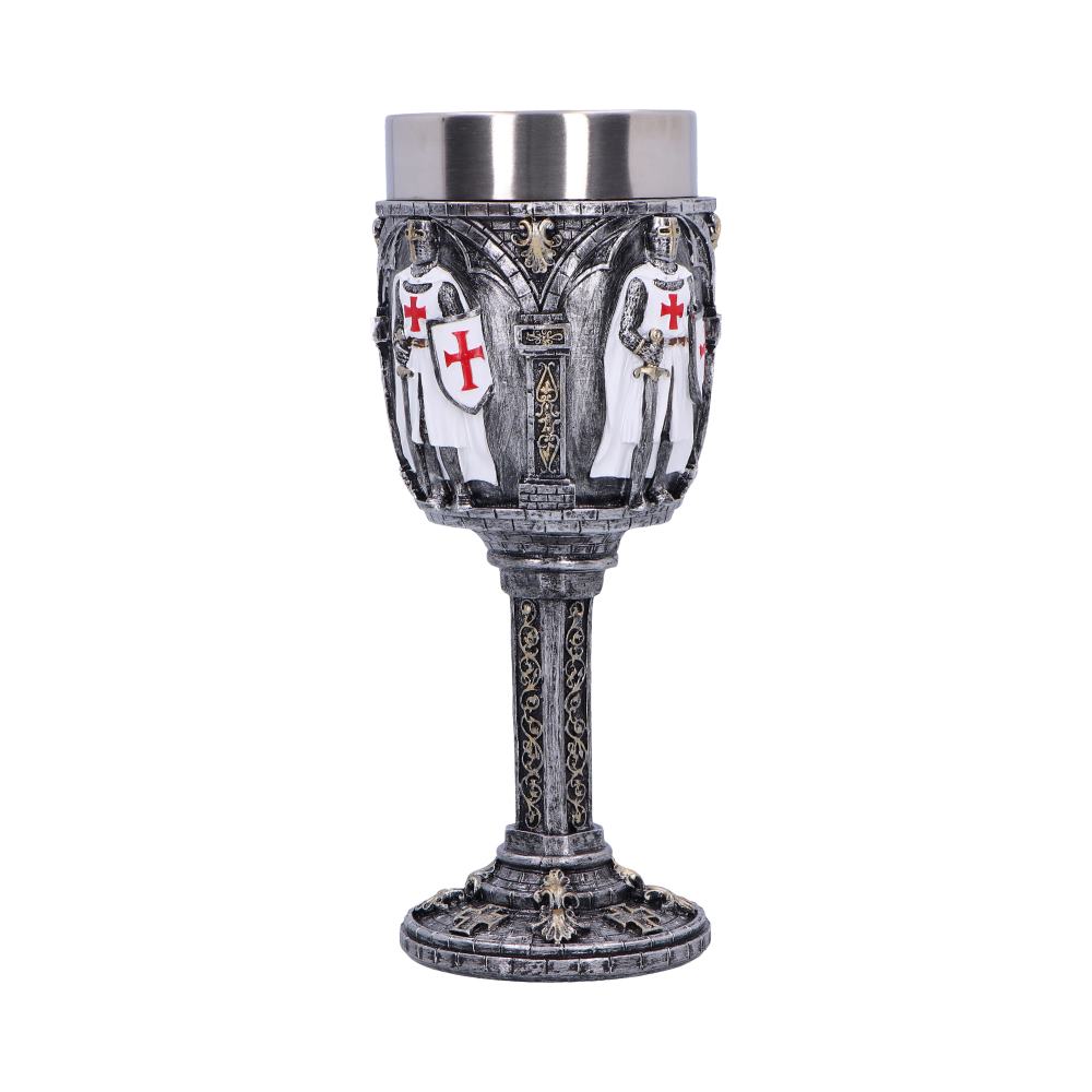 An ornate goblet featuring detailed carvings of knights holding shields adorned with red crosses, set in an antique, medieval style. The stem and base display intricate, decorative patterns.