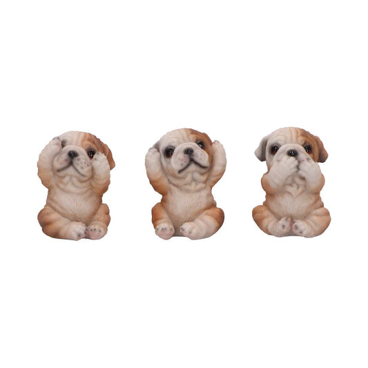 Three small sitting bulldog figurines in a row, each with paws raised to cover eyes, ears, or mouth, on a plain white background.