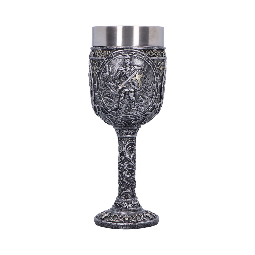 Ornate pewter goblet displays a medieval knight in relief, standing with shield and sword, set on a carved floral stem and round base against a plain white background.