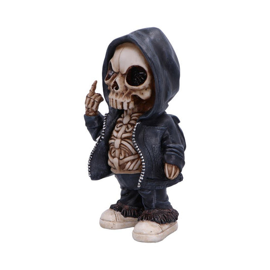 Small skeleton figurine wearing a black hooded jacket and sneakers, exposing ribcage through an open zipper and raising its middle finger while standing against a plain white background.