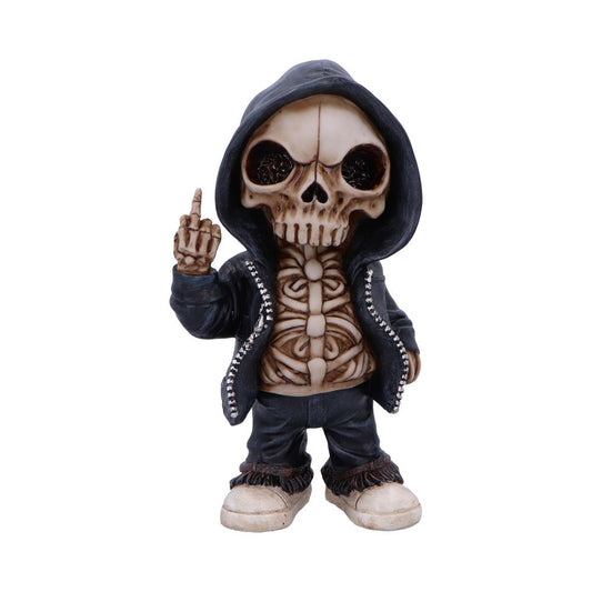 Skull-headed figurine raises its middle finger while wearing a black hooded jacket, exposed ribcage and baggy pants, standing on a plain white background.
