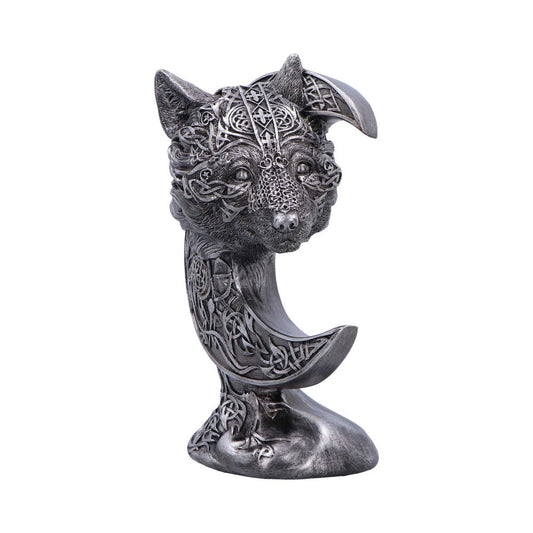Silver-toned fox head forming a crescent moon, perched on a carved base, covered in intricate Celtic knotwork and textured fur detailing, presented against a plain white background.