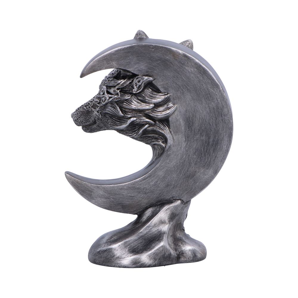 Silver crescent moon sculpture with a wolf's head emerging from its inner curve, detailed flowing fur, mounted on a rounded base against a plain white background.