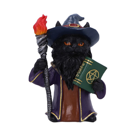 Black cat figurine in a wizard hat and purple robe holds a flaming staff and a green book embossed with a pentagram against a white background.