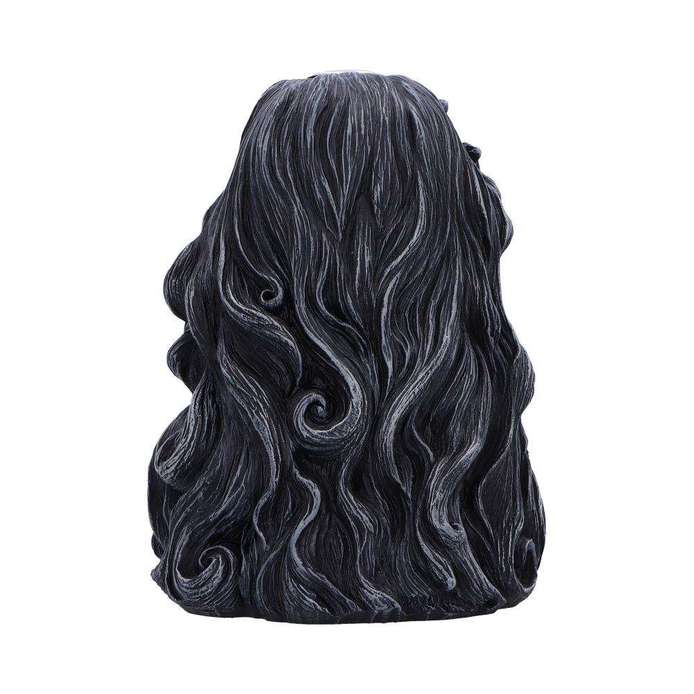 Sculpted head's long wavy hair cascades, carved strands and gray highlights accentuating depth, isolated against a plain white background.