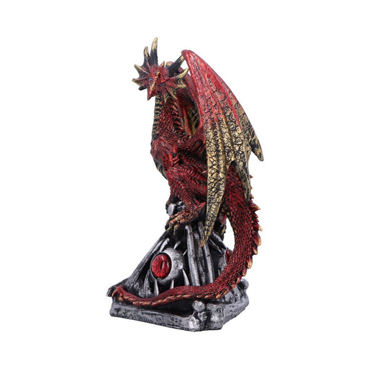 Red and gold dragon figurine perches coiled atop a weathered silver stone pedestal with red gem, wings folded slightly and tail wrapped around base against a plain white background.
