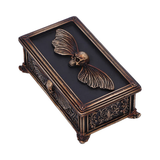 Ornate bronze-toned rectangular jewelry box displays a skull with outstretched moth-like wings on a matte black inset lid, decorated filigree sides and clawed feet photographed on a white background.
