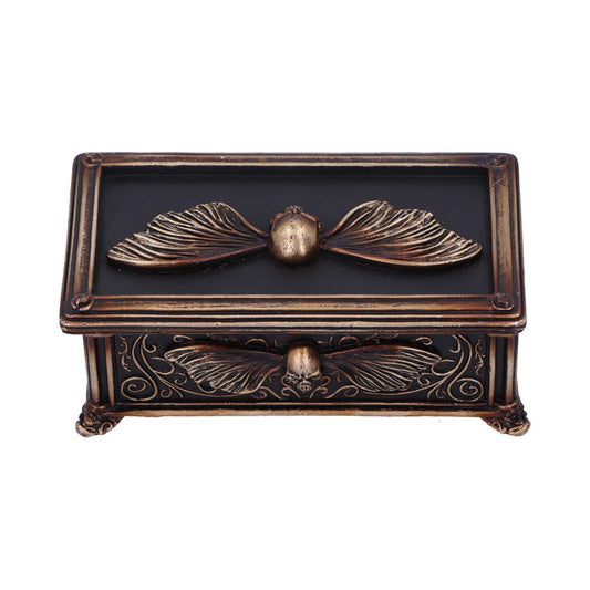 Bronze-toned rectangular trinket box shows a central winged seed emblem and engraved scrollwork, sitting on small ornate feet on a plain white background.