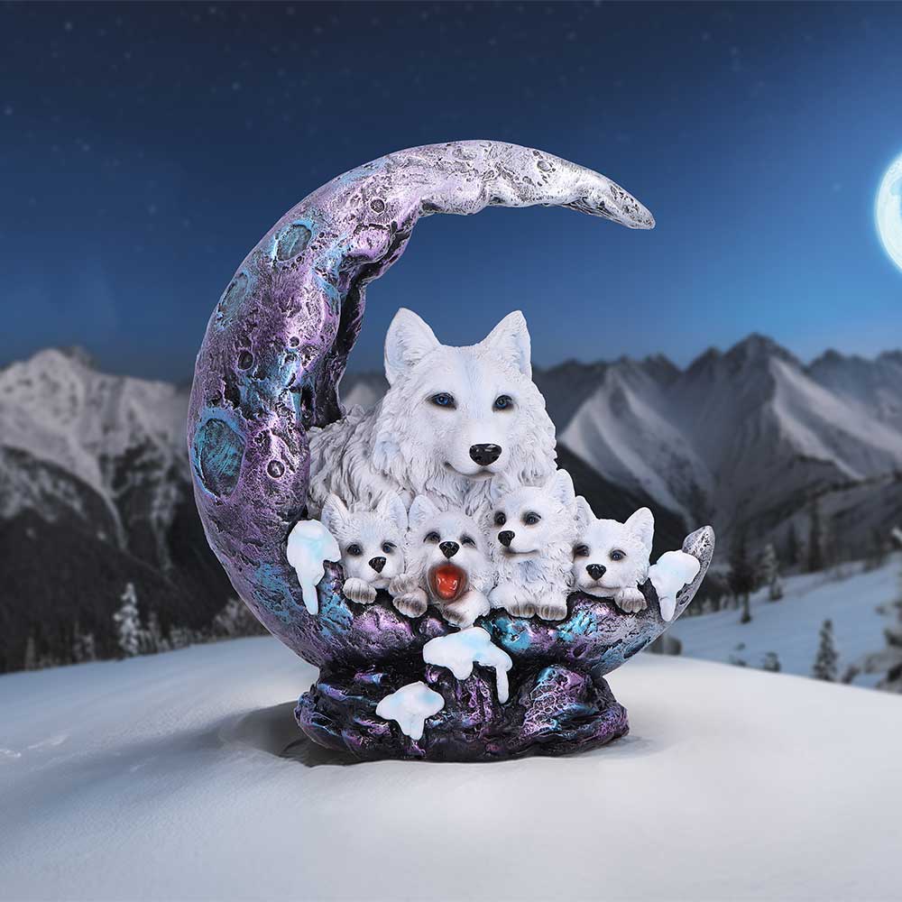 Winter Moon Wolf Family Figurine hand-painted resin wolf pups in crescent moon with guardian wolf