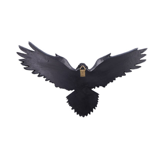 Black wooden eagle silhouette spreads wings, shown from the back with a small brass hanging plate at the neck, isolated against a plain white background.