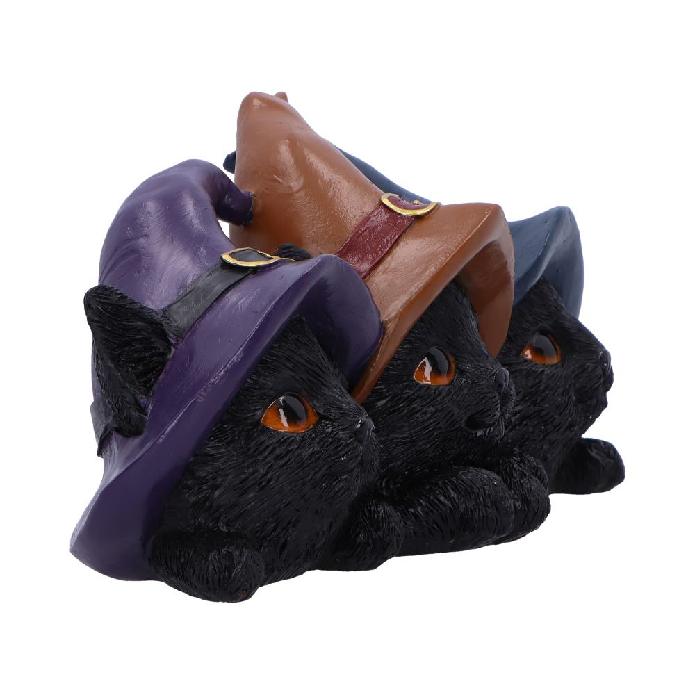 Three black cat figurines rest side by side wearing witch hats in purple, orange, and blue, peering forward with bright amber eyes against a plain white background