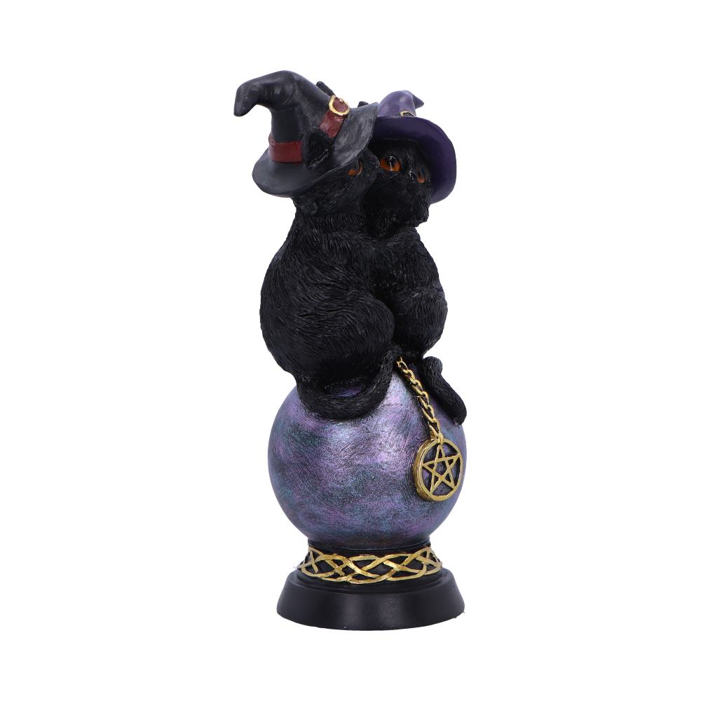 Two black cats wearing witch hats sit back-to-back atop a purple iridescent orb adorned with a hanging gold pentacle and braided base on a white background.