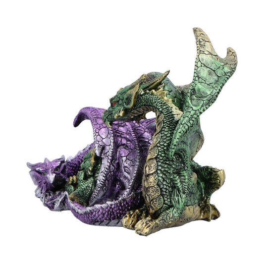 Green and purple scaly dragon figurine curls its body and wings protectively around a smaller dragon while sitting on a plain white background
