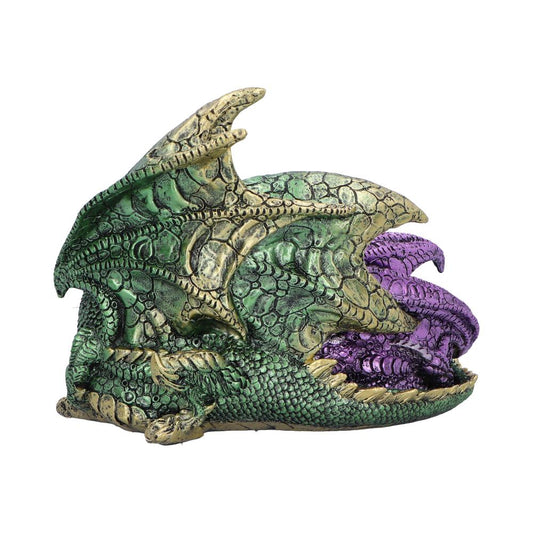Green and gold scaled dragon sculpture cradles a curled purple hatchling inside its jaws, detailed textured scales and claws, isolated on a plain white background.