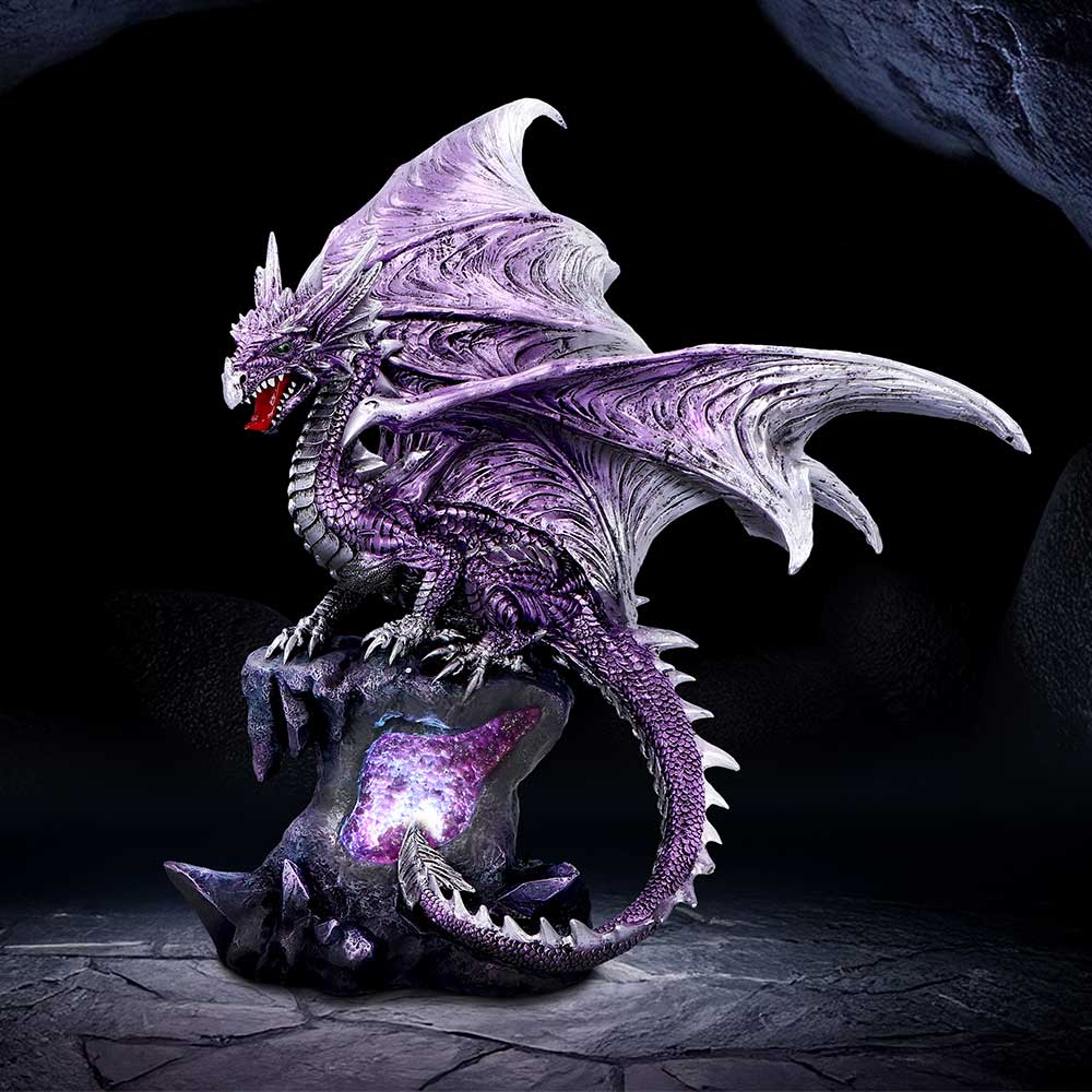 Viorel Dragon Figurine – tall purple resin dragon with LED crystal base fantasy ornament