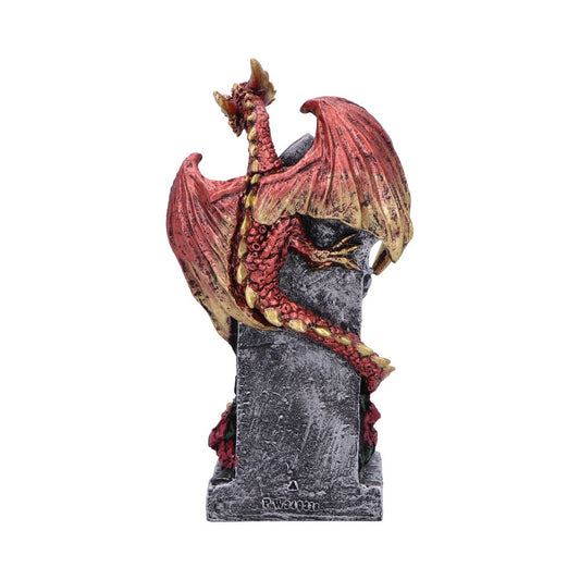Red and gold dragon figurine coils around a weathered gray stone pillar on a white background, text on base: A PW8028
