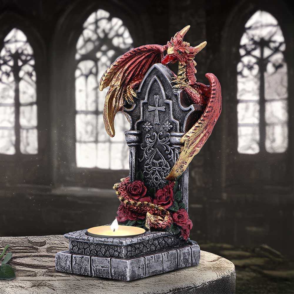 Light of the Dragon red dragon tea light holder on stone-effect base