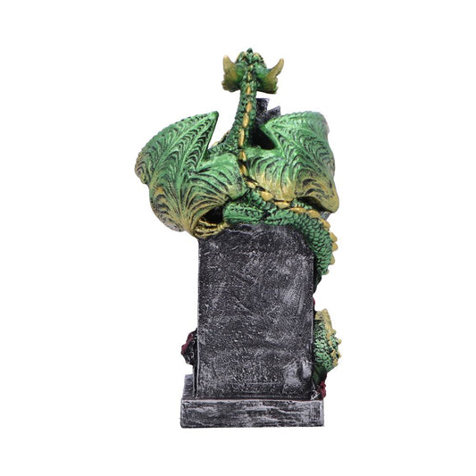 Small green dragon figurine clings with folded wings and coiled tail around a weathered rectangular stone pedestal on a plain white background.