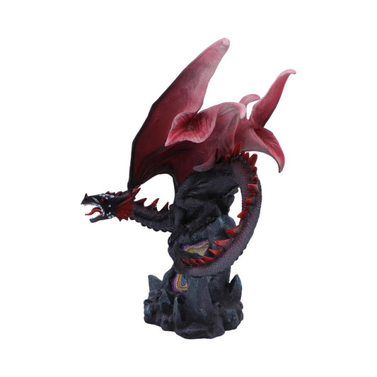 Black and red dragon figurine rears and snarls with wings unfurled and coiled tail, perched on jagged rocky base against a plain white background.