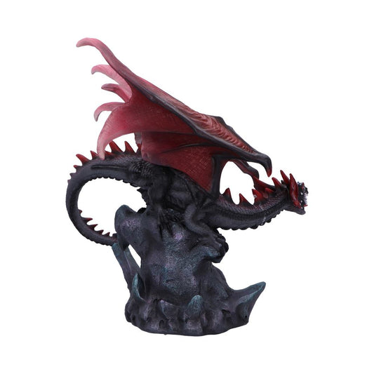 A red-and-black dragon figurine crouches with wings unfurled over a rocky base, tail curled underneath and head thrust forward displaying open jaws and spiky crest against a white background.