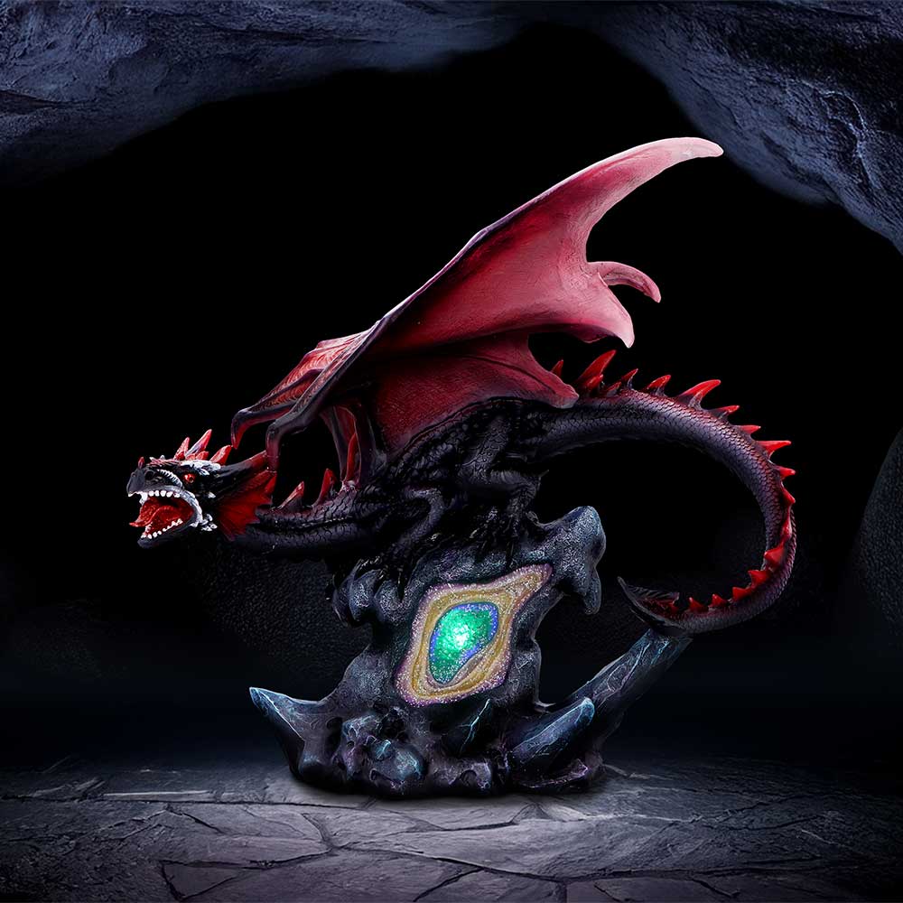 Leroux Dragon Figurine – large black and red resin dragon with LED crystal base fantasy ornament