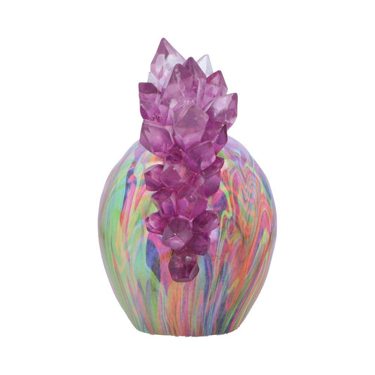 Multicolored swirled round vase features a vertical cluster of translucent purple crystals affixed to its front, set against a plain white background.