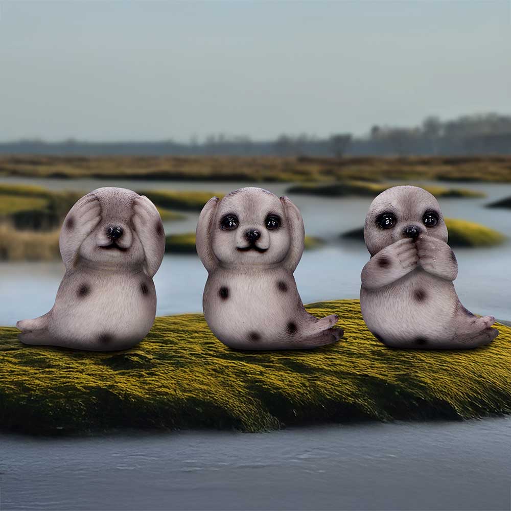 Three Wise Seals Figurines – hand-painted resin seal trio in see no evil, hear no evil, speak no evil poses