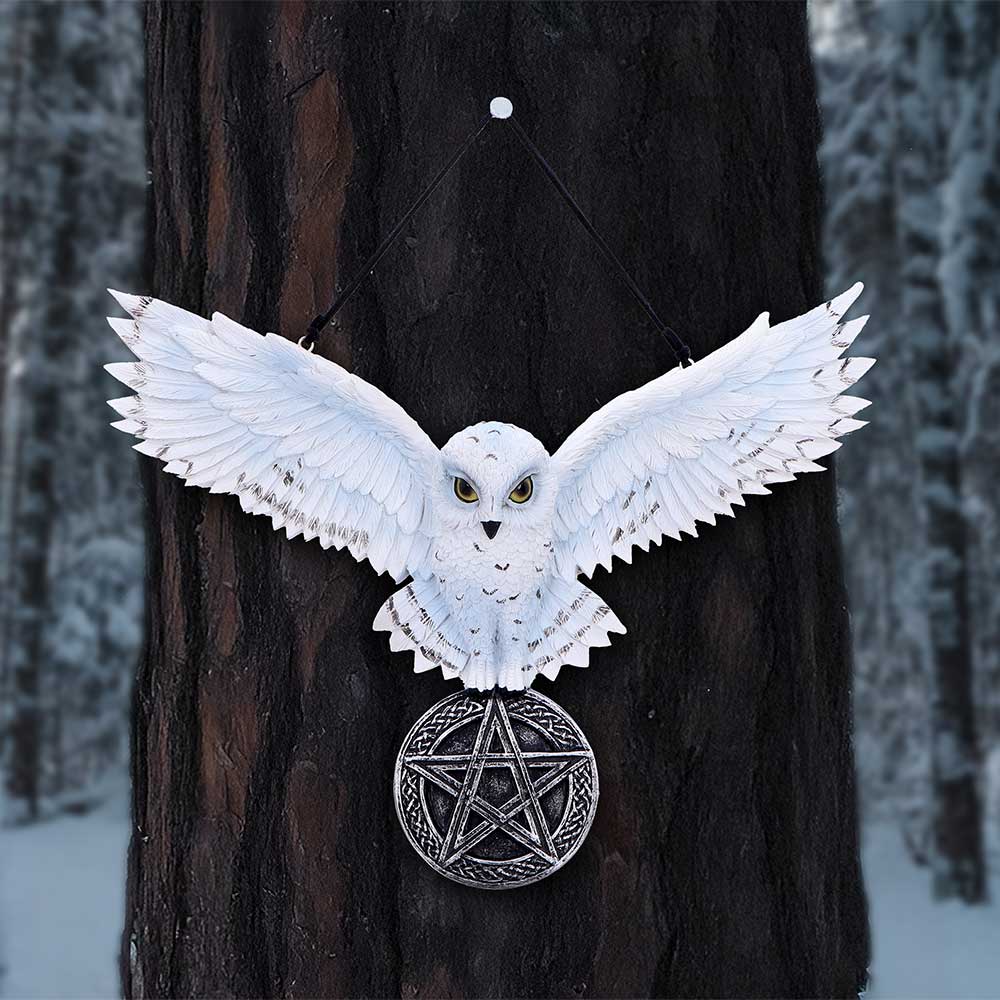 Snowy owl spreads wings while hanging on a tree trunk, clutching a round pentagram medallion against a blurred snow-covered forest background.