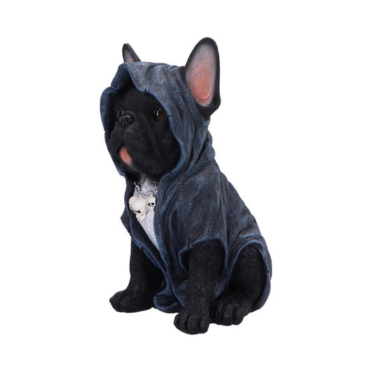 Black French bulldog figurine sits wearing a dark blue hooded cloak and small skull necklace, gazing forward with ears up against a plain white background.