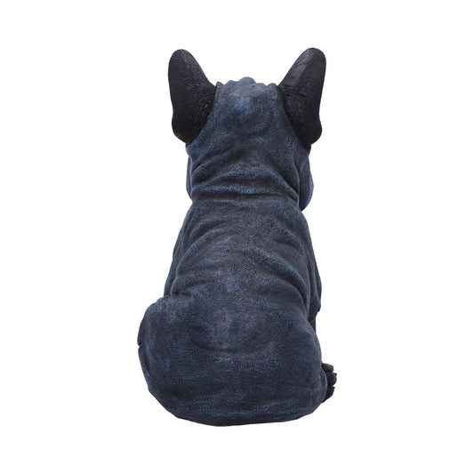 Dark blue French bulldog figurine sitting with its back turned toward the viewer, ears upright, textured surface suggesting stone or fabric, isolated on a plain white background.