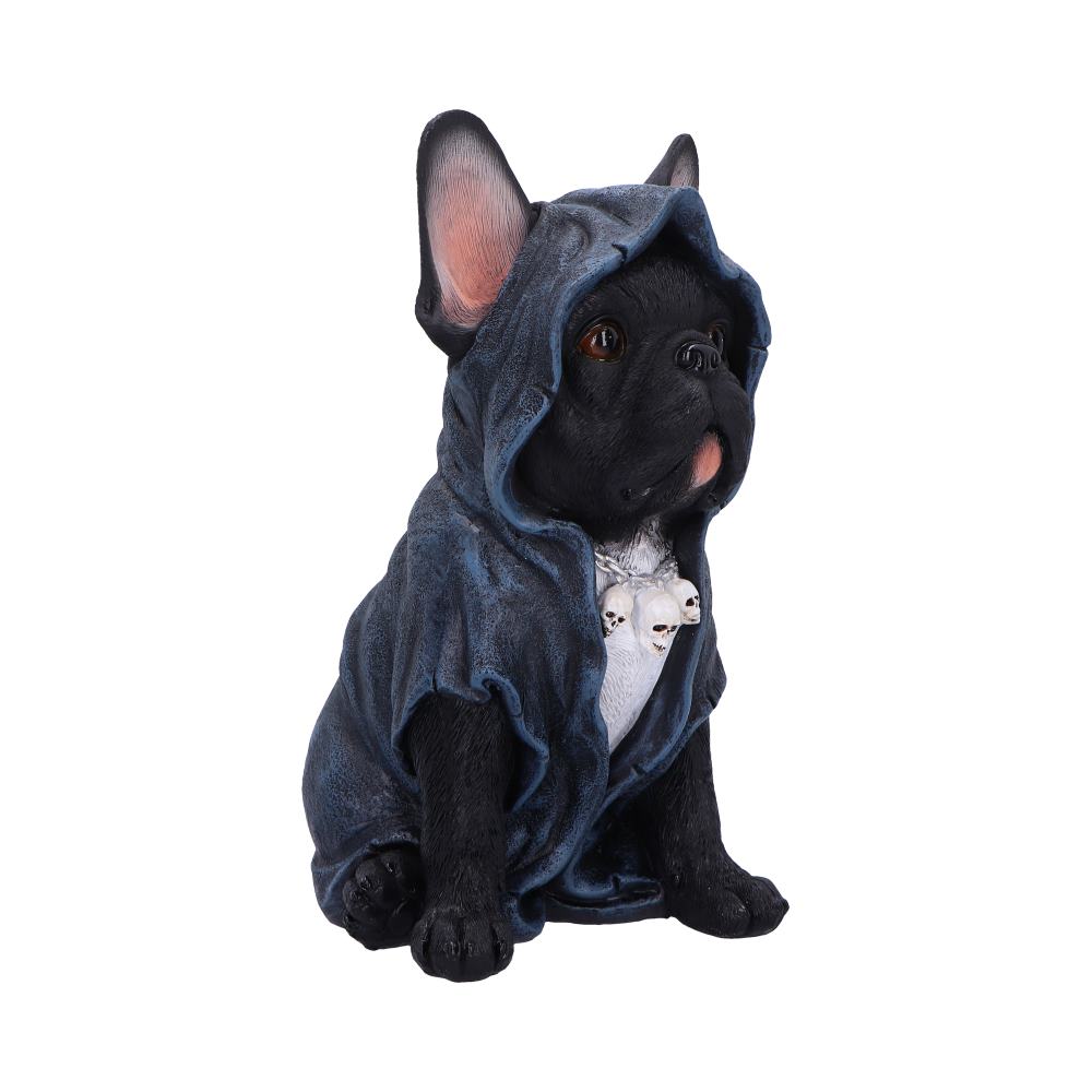 Black French bulldog figurine sits wearing a tattered blue hooded cloak and a skull necklace against a plain white background