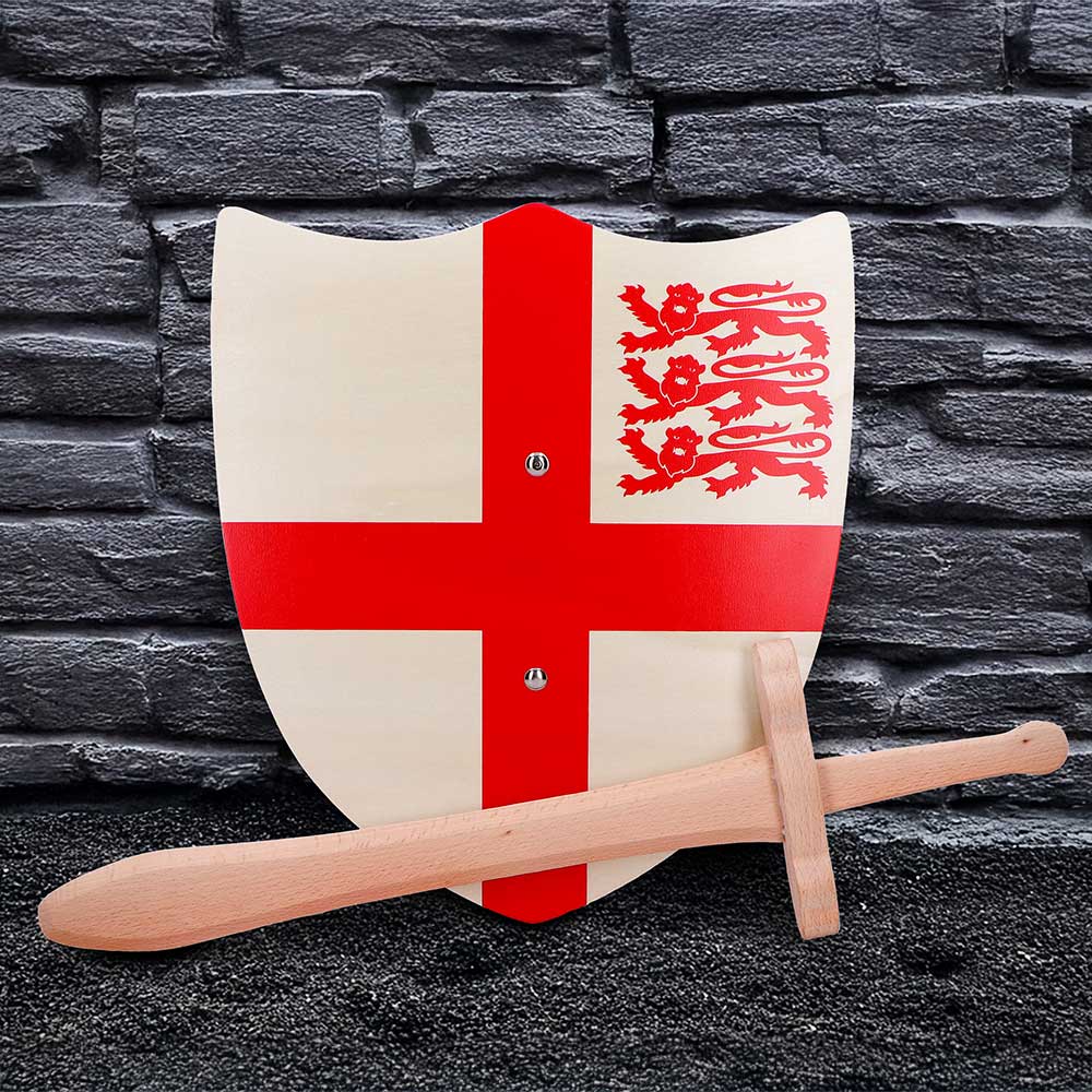 St. George Shield and Wooden Sword Playset with red cross wooden shield for medieval roleplay
