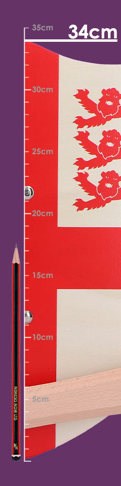 Red cream measuring board shows vertical ruler ticks and numbers while a black pencil rests along its left edge against a purple background; Text: 34cm, 35cm, 30cm, 25cm, 20cm, 15cm, 10cm, 5cm.