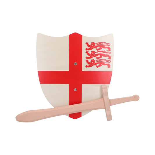 Wooden shield displays a red St George cross and three red lions; a wooden toy sword rests across its lower front against a plain white background.