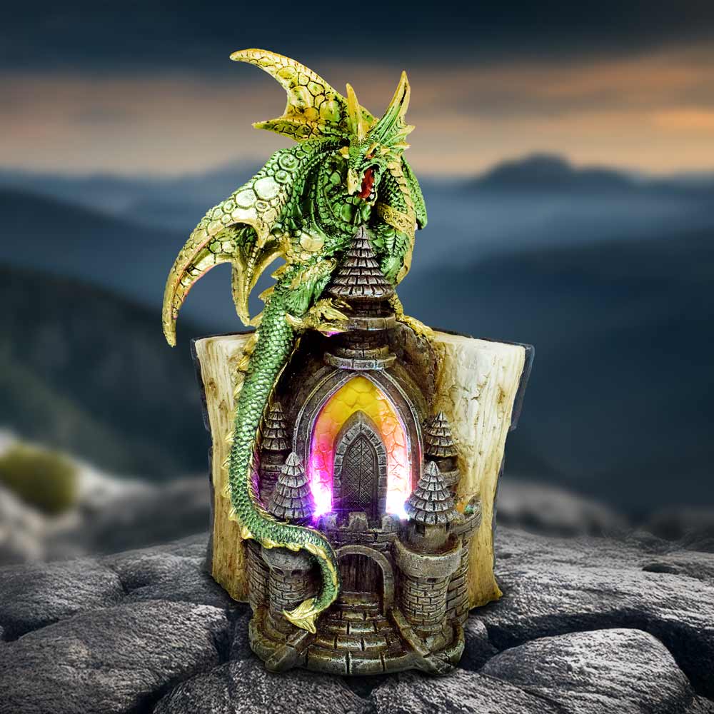 Draconis Arcanum Dragon Figurine – green resin dragon perched on a detailed castle entrance fantasy ornament