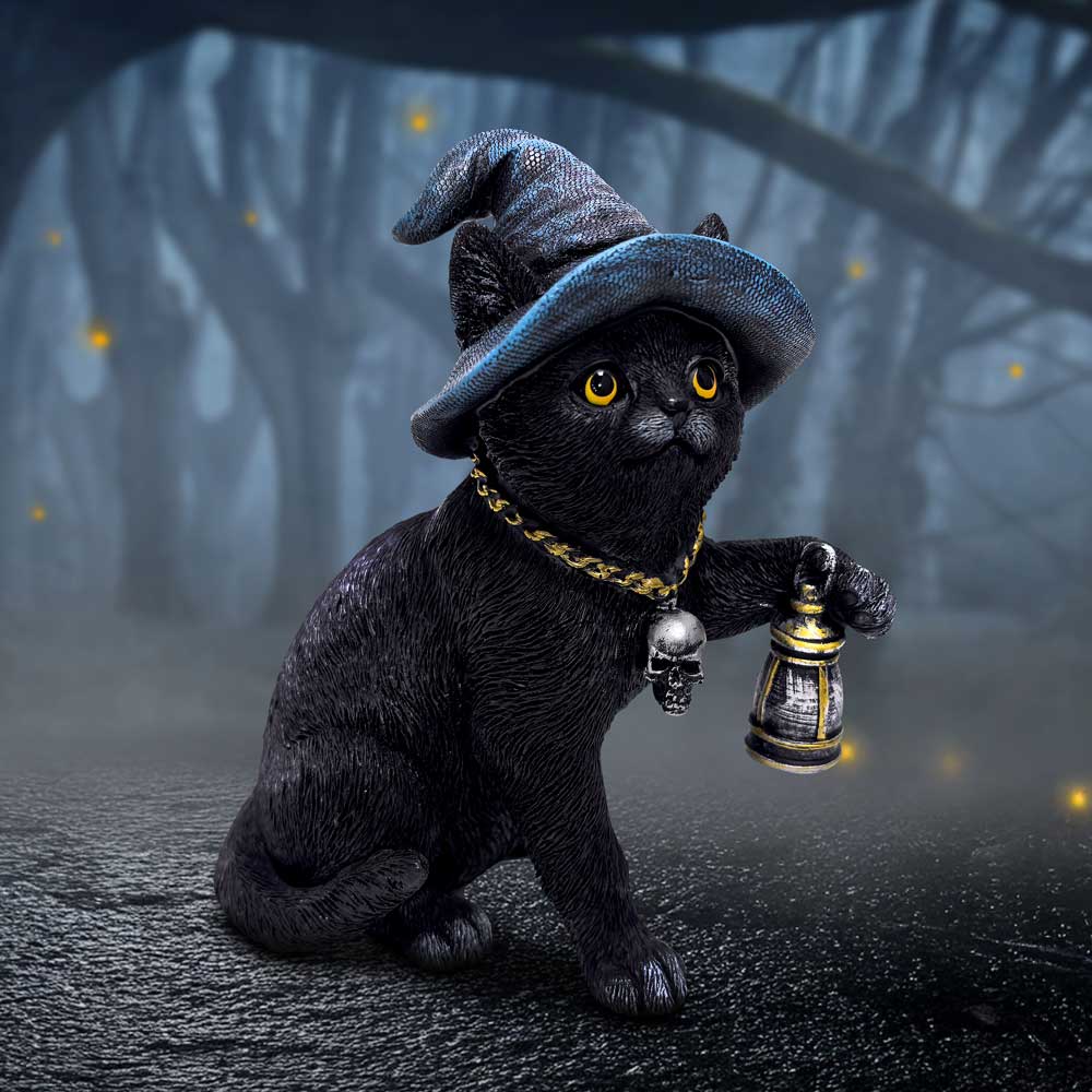 Familiars Lantern Cat Figurine – black resin cat with lantern décor ornament
